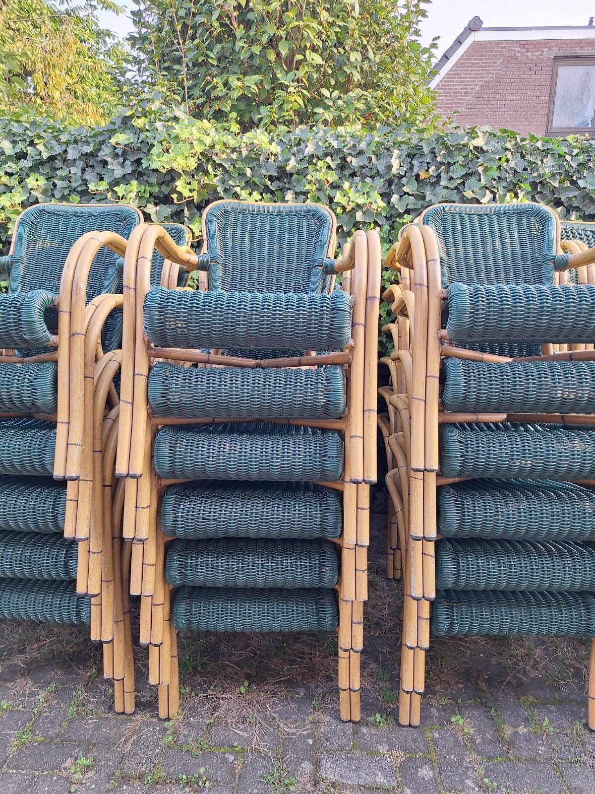 40 groene terrasstoelen, zie ook mijn andere advertentie., Ophalen of Verzenden, Gebruikt, Overige materialen, Stapelbaar