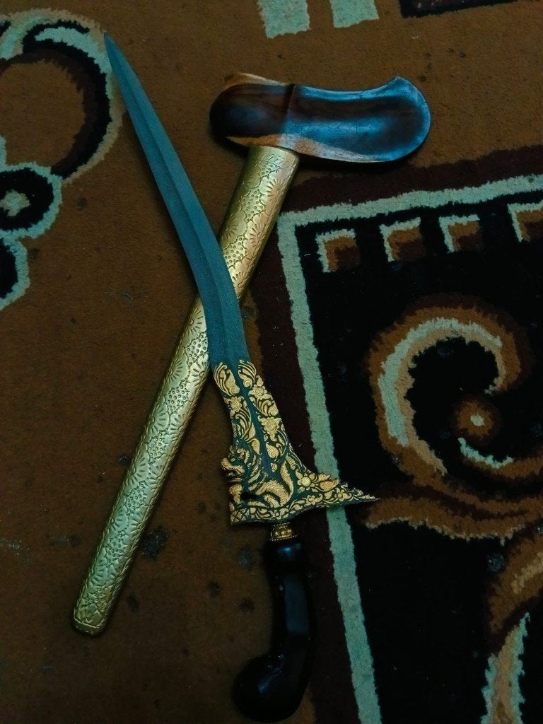 Antieke Keris Singo Barong 3 Luk Pamor Keleng Met Goud SVD08, Antiek en Kunst, Kunst | Niet-Westerse kunst, Wapen, Verzenden, Overige materialen
