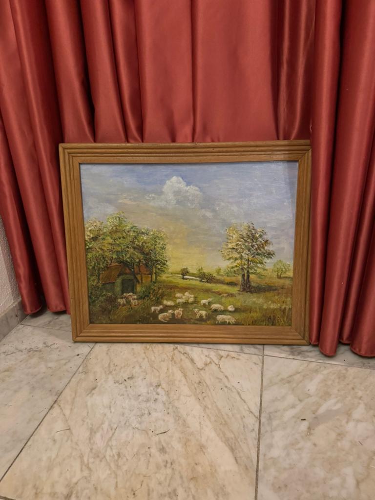 Oud schilderij met schapen en landschap, gesigneerd A.D., Ophalen