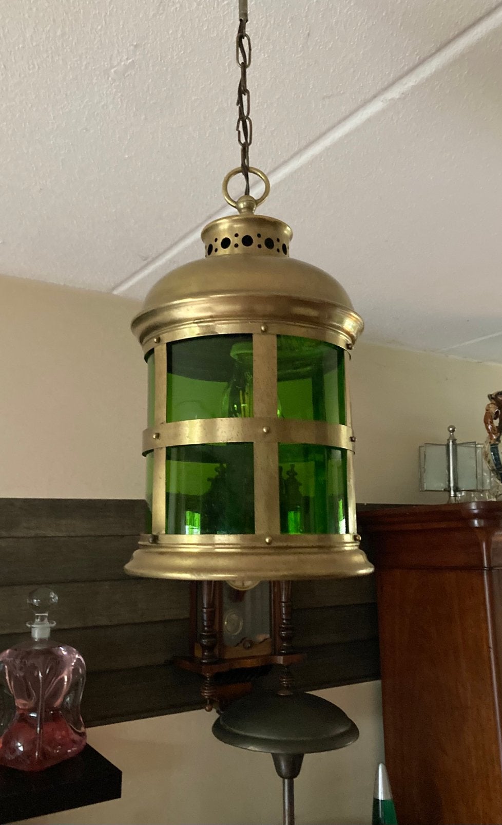 Antieke Arts & Crafts lantaarn messing koper geblazen glas., Ophalen, Antiek Arts & Crafts Jugendstil, Zo goed als nieuw, Minder dan 50 cm