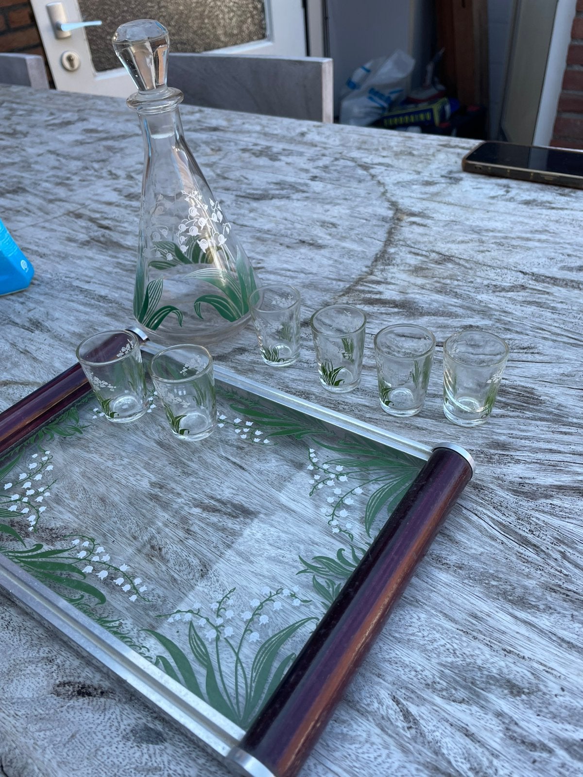Vintage likeurset met dienblad – lelietje-van-dalen, Ophalen