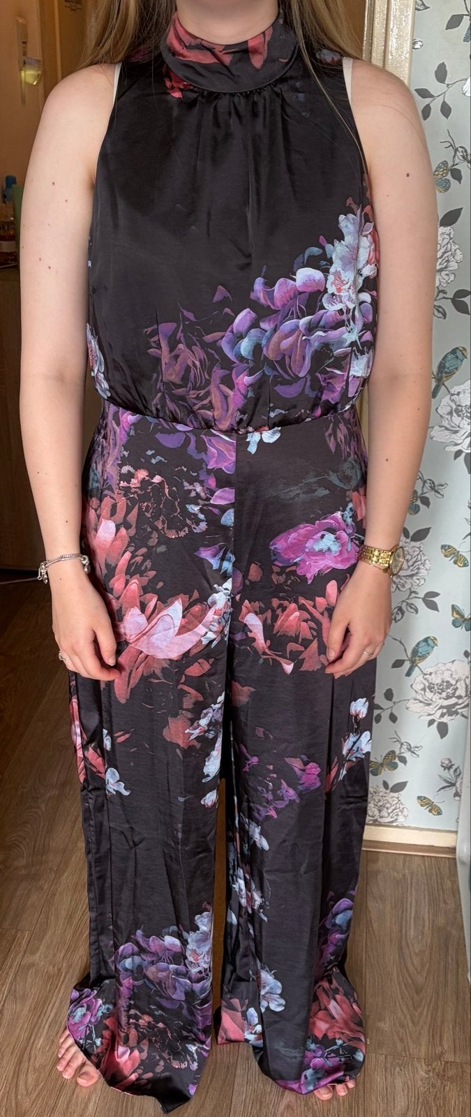 Ted Baker bloemenprint jumpsuit met strikdetail, Kleding | Dames, Jumpsuits, Ophalen of Verzenden, Nieuw, Maat 38/40 (M), Zwart