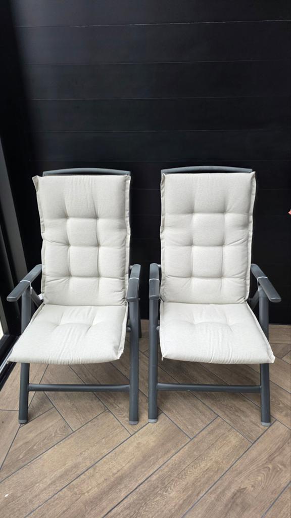 2x Le Sud tuinstoelen met beige kussens, Tuin en Terras, Ophalen, Gebruikt, Metaal, Verstelbaar