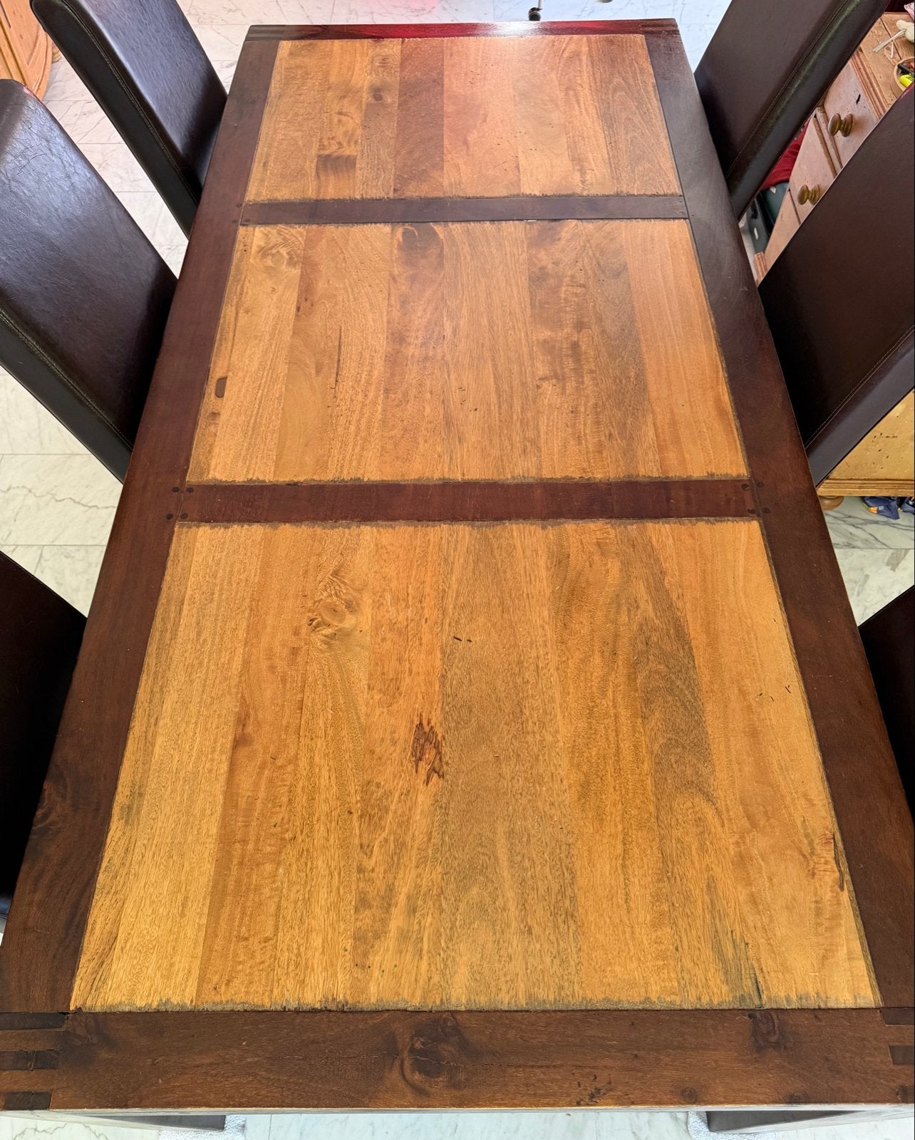 Robuuste houten eettafel met 6 leren stoelen, Gebruikt, 150 tot 200 cm, Vier personen, Rechthoekig
