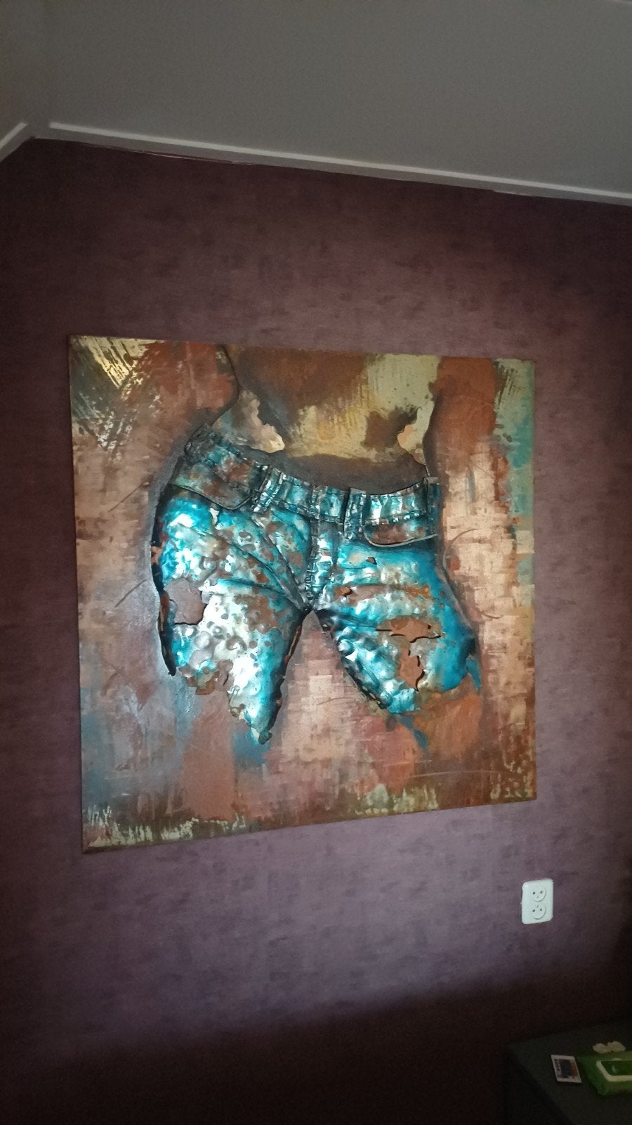 Groot 3D metalen schilderij Jeans – 100x100 cm – industriëel, Ophalen of Verzenden, Zo goed als nieuw, Schilderij, 100 tot 125 cm