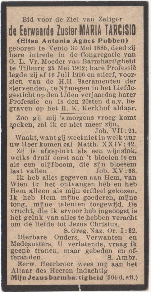 zr. Elise A.A. Pubben 1885 Venlo + 1918 Nijmegen, 33 jaar, Verzamelen, Bidprentjes en Rouwkaarten, Verzenden