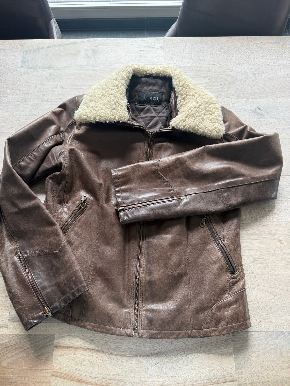 Petrol Leren Jas met Bontkraag - Maat 2XL, Ophalen of Verzenden, Gedragen, Maat 42/44 (L), Bruin