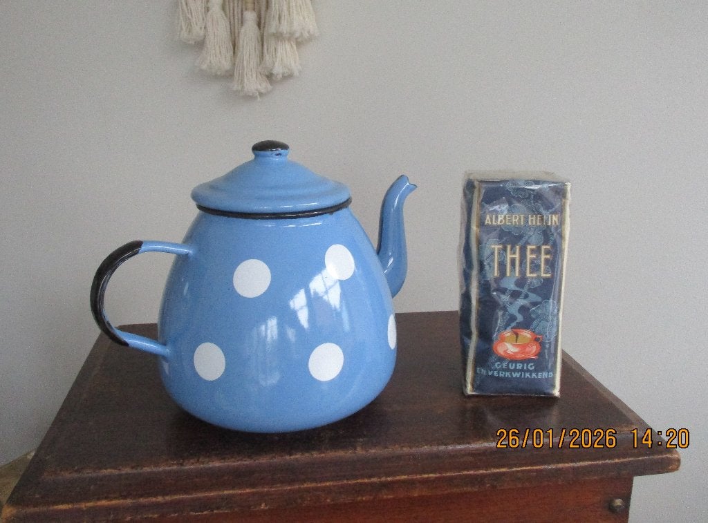 brocante emaille theepot polkadot, Ophalen of Verzenden