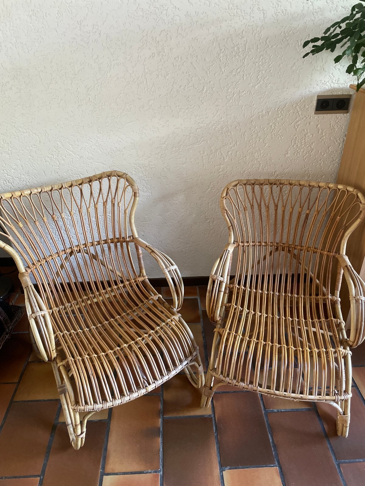 Set van 2 vintage rotan stoelen - originele Rohé, Gebruikt, Twee, Bruin, Riet of Rotan