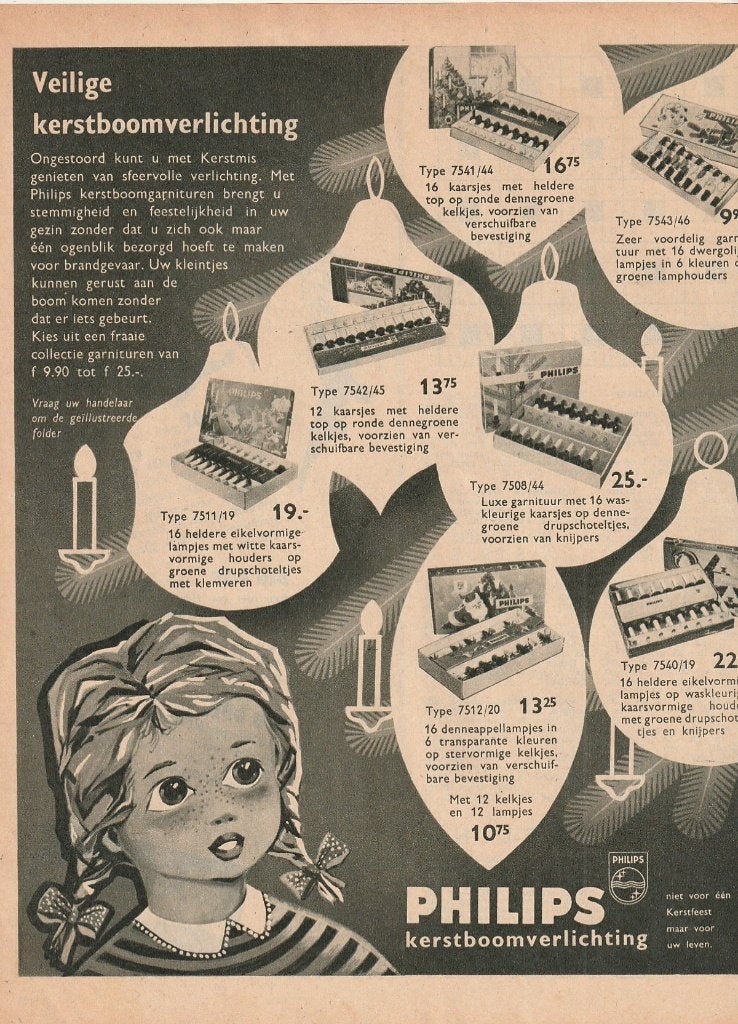 Retro reclame 1956 Philips kerstboomlichtjes lampjes, Verzenden, Overige typen