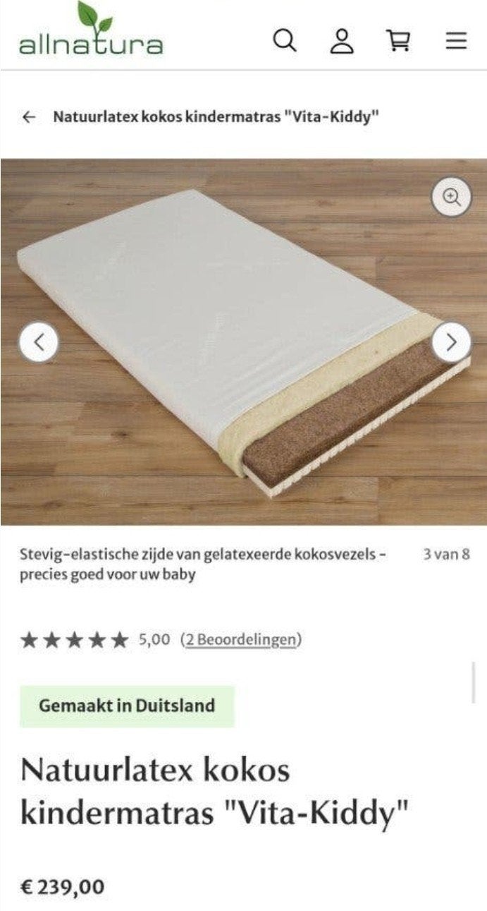 All Natura Natuurlatex kokos kindermatras 60x120, Ophalen, Zo goed als nieuw, Ledikant