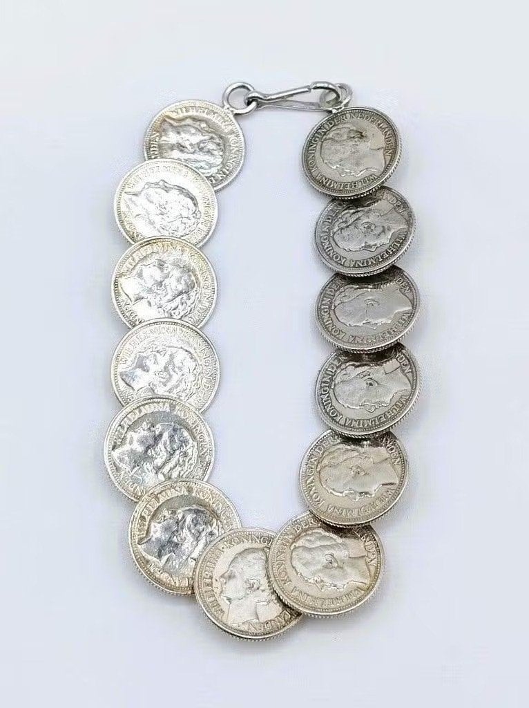 Zilveren dubbeltjes armband, Wilhelmina, 18,5 cm.