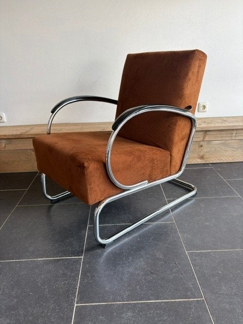 Gispen 407 fauteuil. chroom, nieuwe goudbruine ribstof, Huis en Inrichting, Fauteuils, Design, 75 tot 100 cm, Zo goed als nieuw
