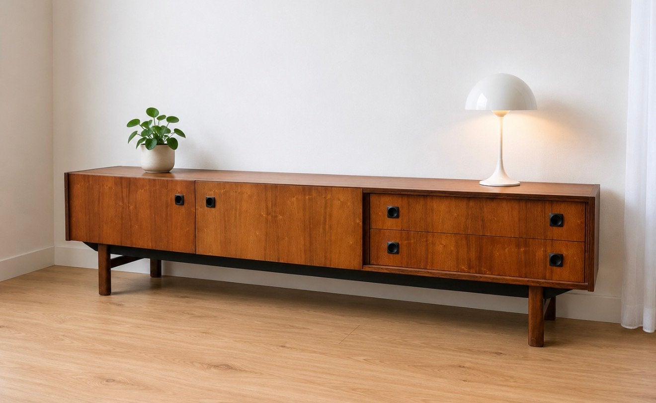 Bijzonder groot vintage teak tv-meubel/lowboard 230 cm breed, B, Vintage, Ophalen of Verzenden, 200 cm of meer