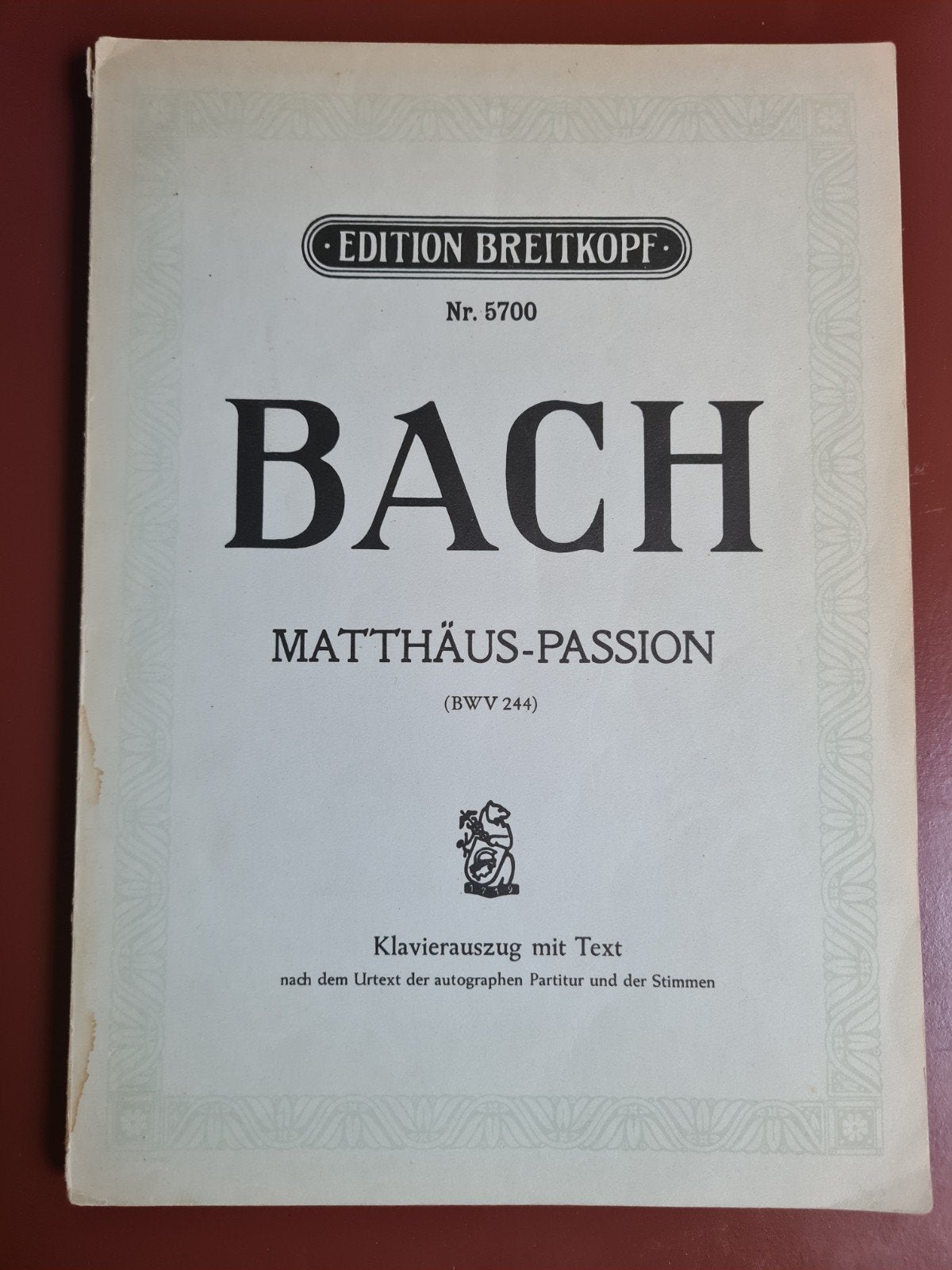 Bach Matthäus-Passion (BWV 244) - Edition Breitkopf, Gebruikt, Klassiek, Ophalen of Verzenden, Piano