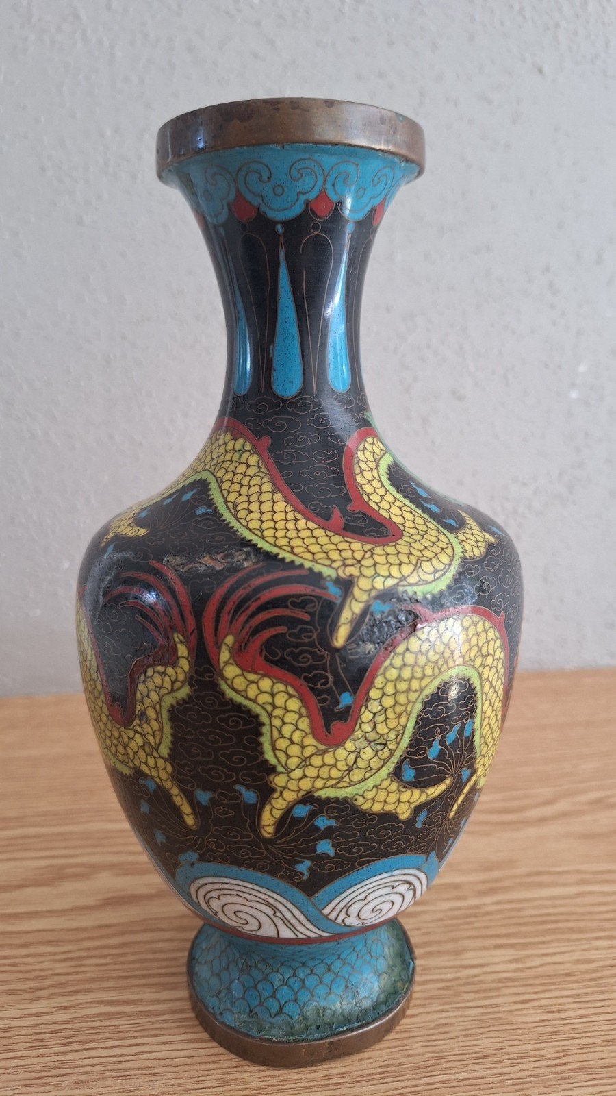 Antieke Chinese Cloisonné Vaas 3 Drakenmotief Meiji of Qing, Ophalen of Verzenden