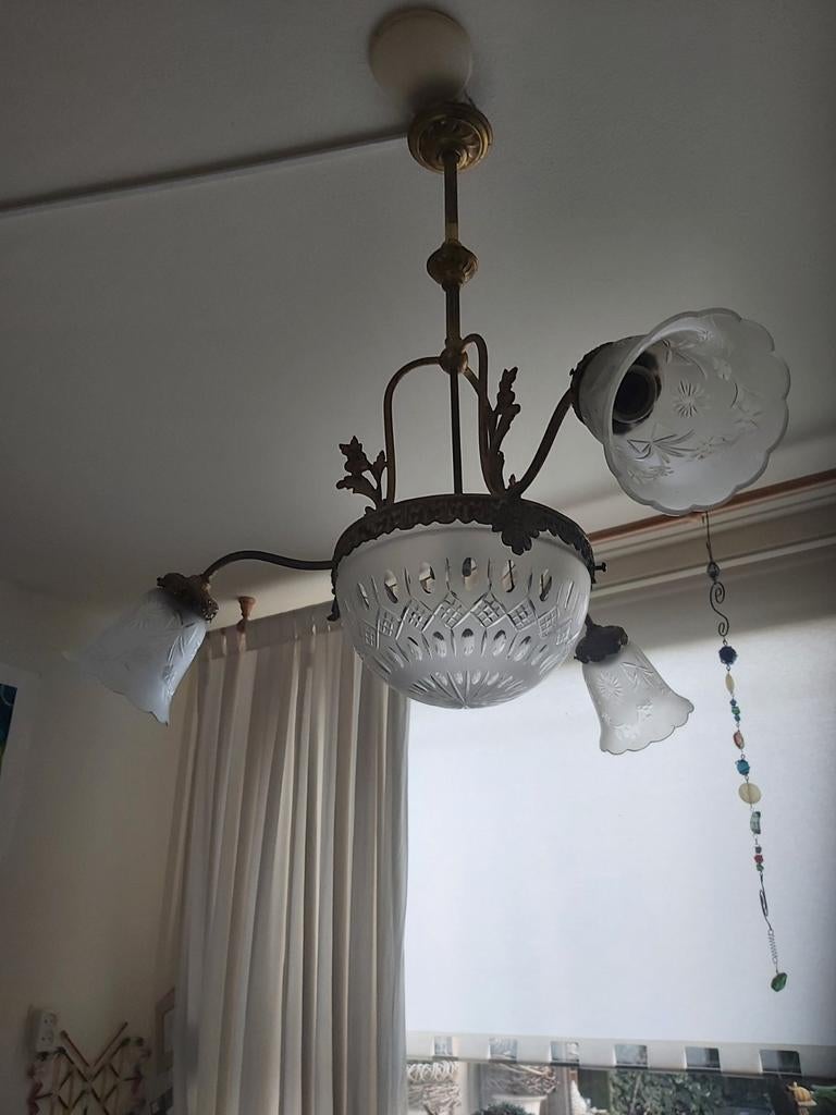 Gave antieke bronzen kroonluchter met grote kristallen bol, Ophalen of Verzenden