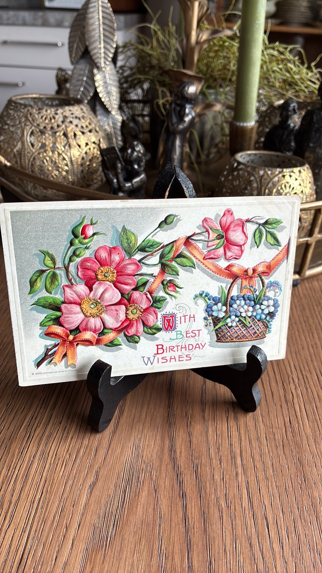 Felicitatie verjaardag.Diep relief.Bloemen,mandje vergeetmij, Verzamelen, Ophalen of Verzenden, Voor 1920, Ongelopen, Overige thema's