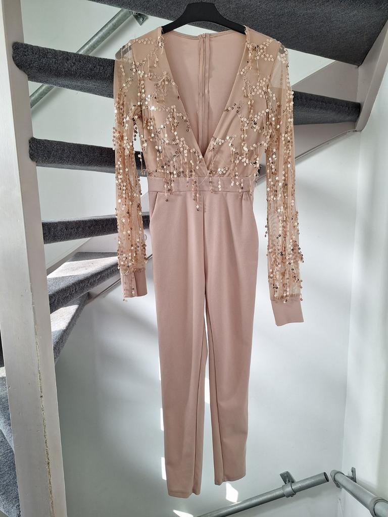 Elegante jumpsuit met pailletten mouwen - Maat S, Kleding | Dames, Ophalen of Verzenden, Zo goed als nieuw, Maat 36 (S), Beige