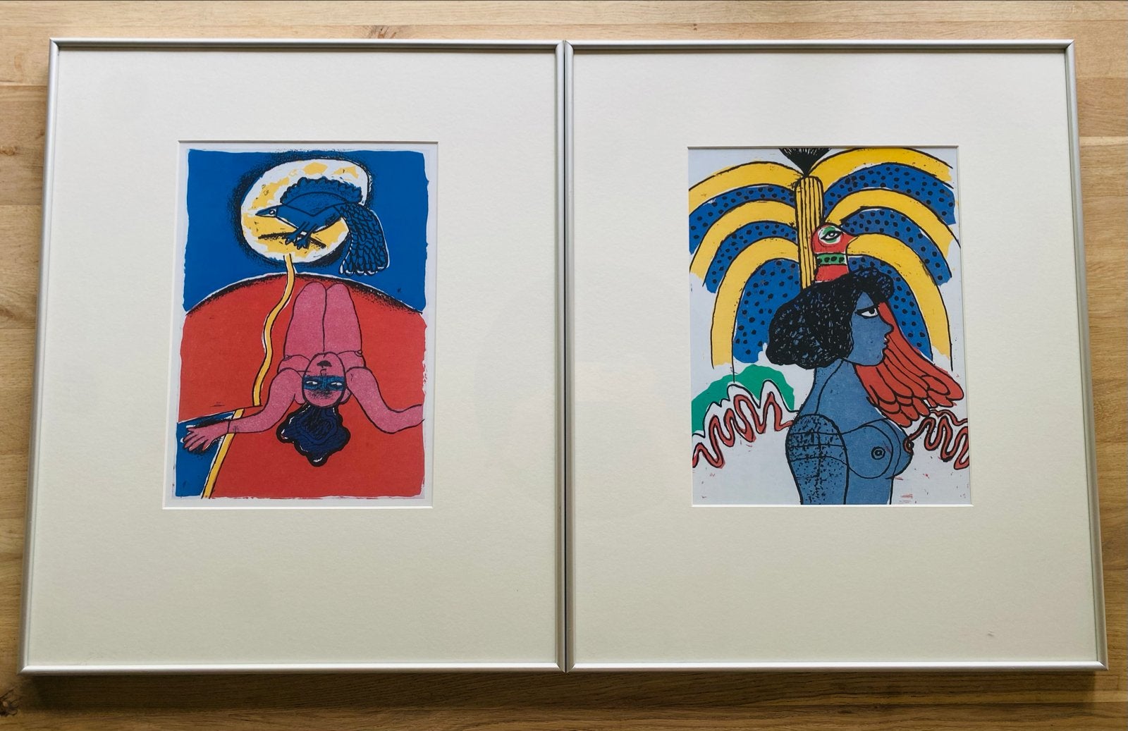 Corneille - Femmes et oiseaux - Tweeluik Kunstprints, Offsetdruk, Ingelijst, Abstract, Ophalen