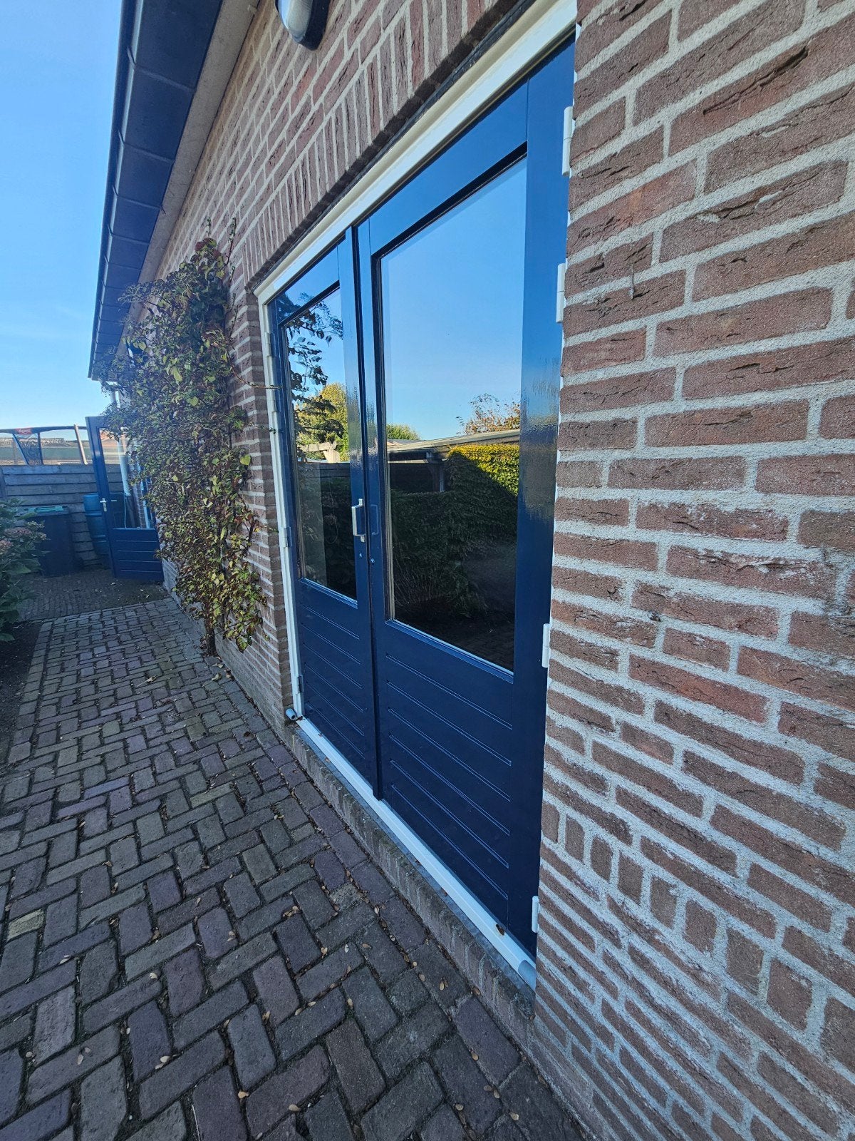 Dubbele tuindeuren met glas van hout, Ophalen, Gebruikt, 120 cm of meer, Buitendeur
