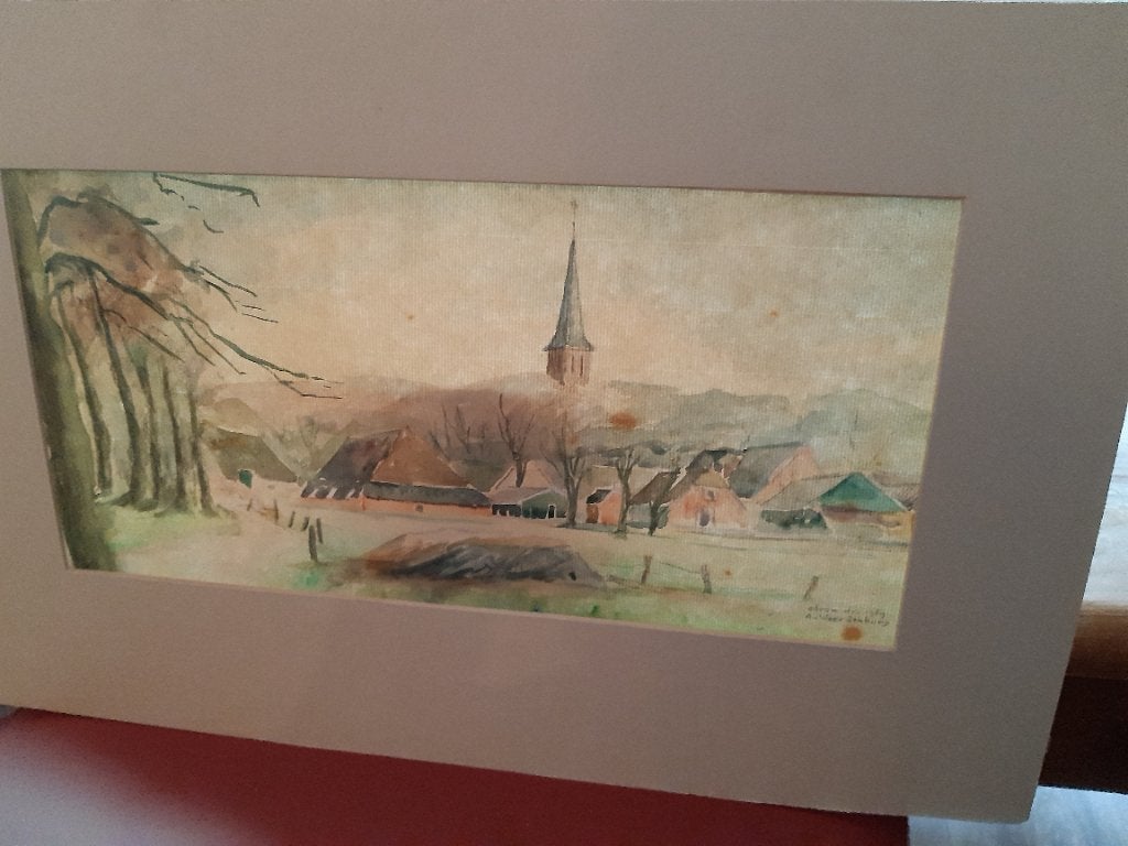 Aquarel van Sleen in Drenthe 1989, Antiek en Kunst, Ophalen, Met passe-partout, Aquarel, Landschap