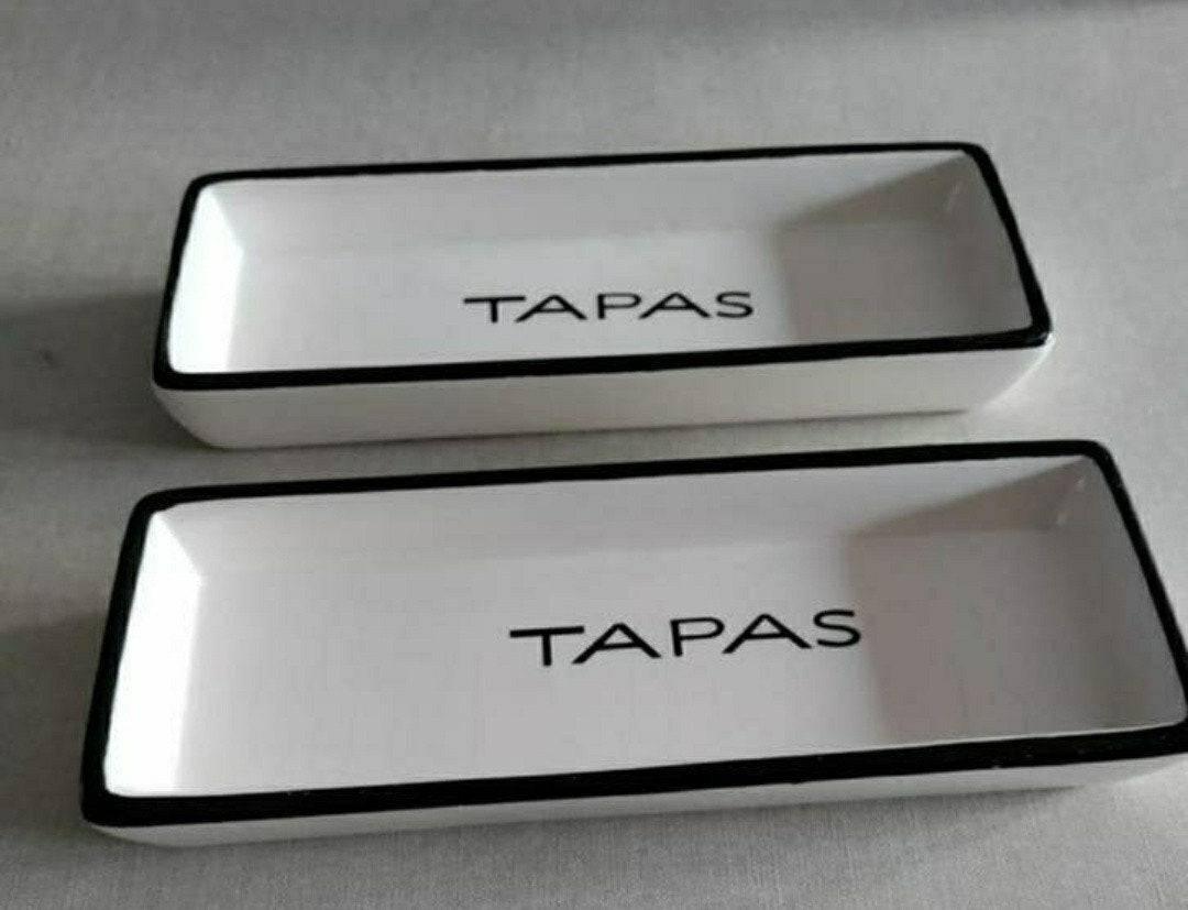 TAPAS Schaaltjes,Keramisch,tekst,Zwarte rand,bakjes,Tapas, Huis en Inrichting, Ophalen of Verzenden, Overige stijlen, Aardewerk