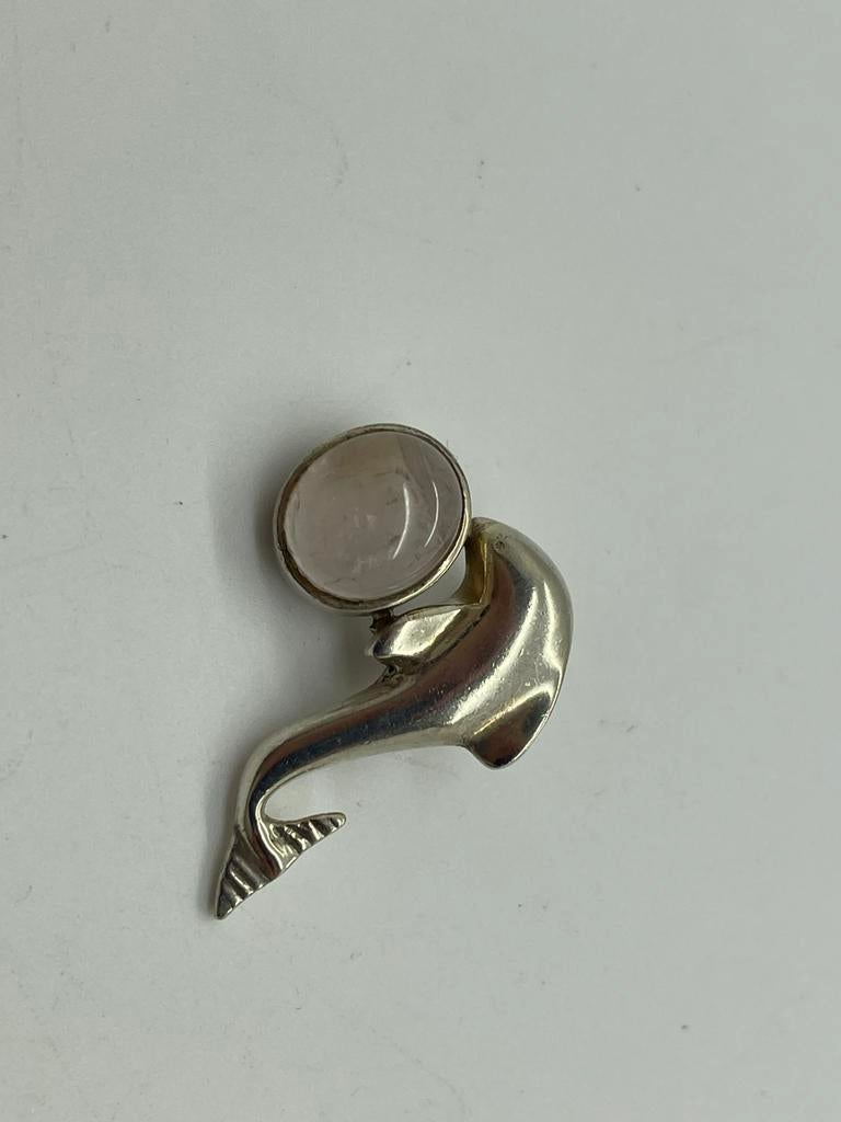 D912 Prachtige zilveren hanger dolfijn rozenkwarts, Ophalen of Verzenden, X, Met edelsteen, Zilver