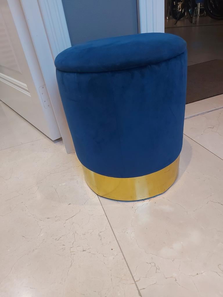 Kruk/poef blauw velours met gouden rand, Ophalen, Minder dan 50 cm, Rond, Minder dan 50 cm