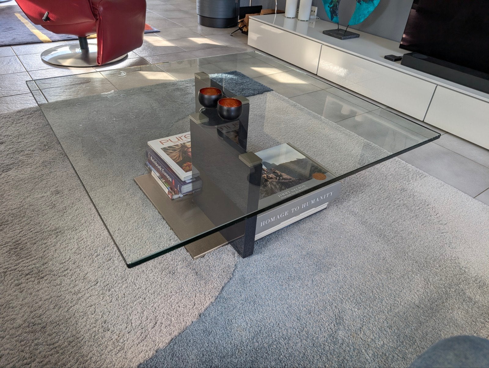 Prachtige glazen salontafel met zwart en metaal, Vierkant, Ophalen of Verzenden, Zo goed als nieuw, Glas