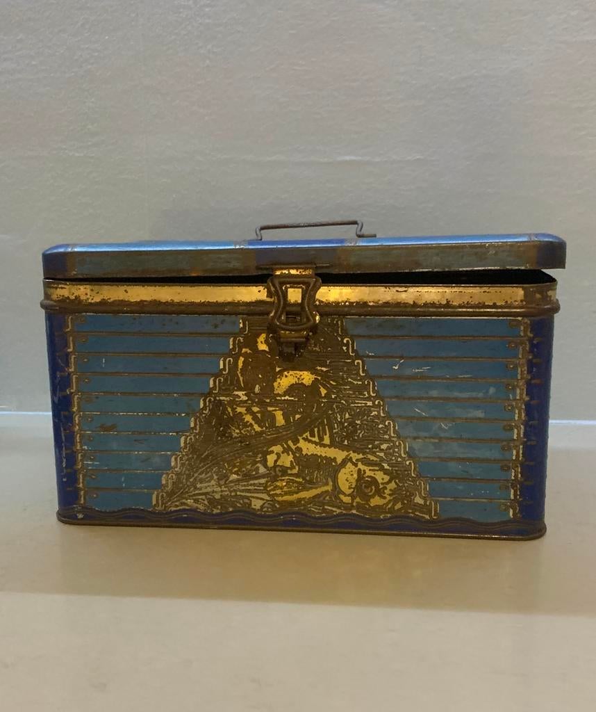 Antieke grote opbergtrommel met decoratie, Ophalen of Verzenden