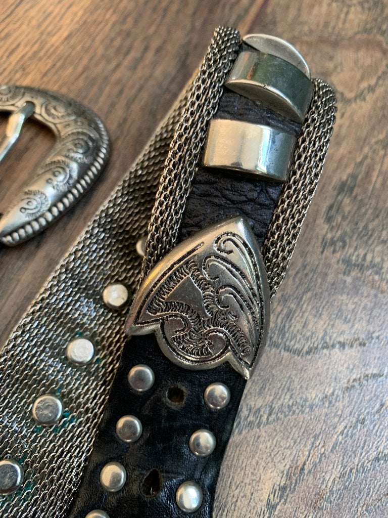 Vintage NANNI Milano riem leren chain belt met studs 444 gr., Kleding | Dames, Ophalen of Verzenden, Zo goed als nieuw, Zwart