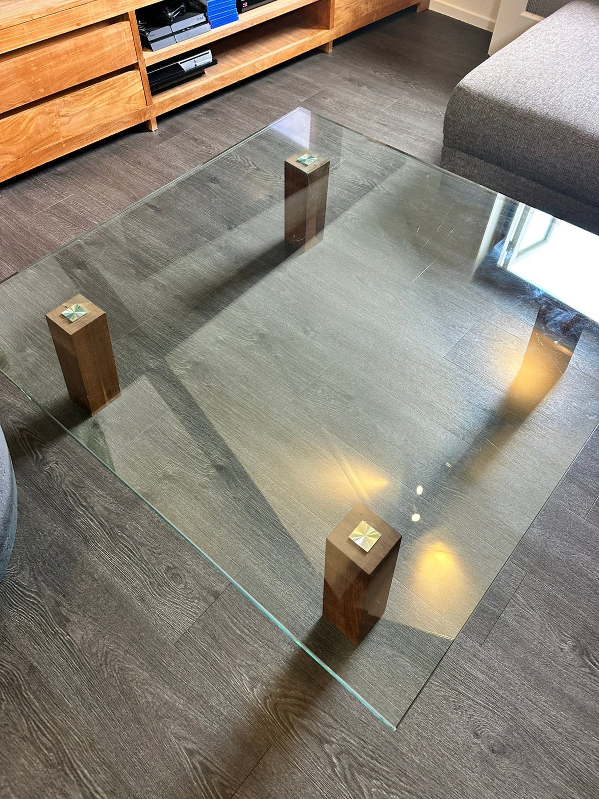 Glazen salontafel vierkant, Huis en Inrichting, Tafels | Salontafels, Ophalen, Vierkant, Industrieel, 5 – 50