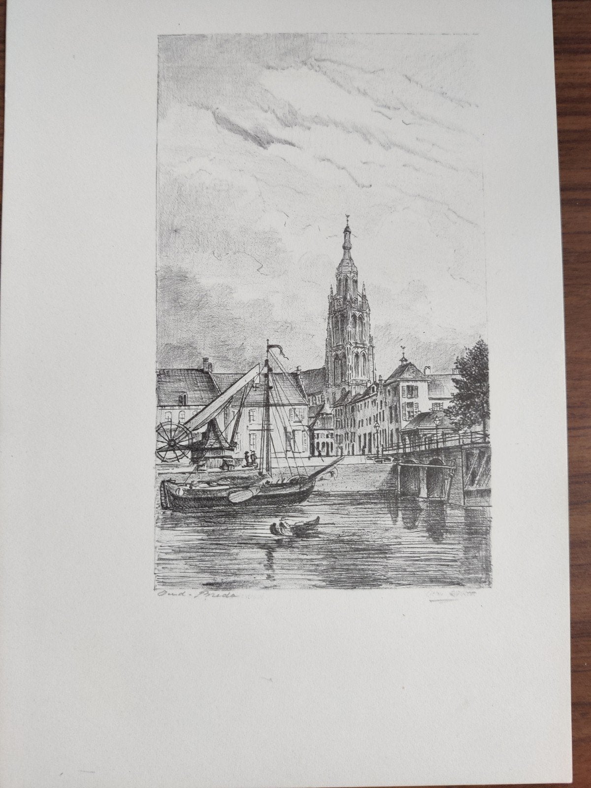 Ets van Breda met Grote Kerk en havengezicht, Ets, Stadsgezicht, Ophalen of Verzenden, Gesigneerd