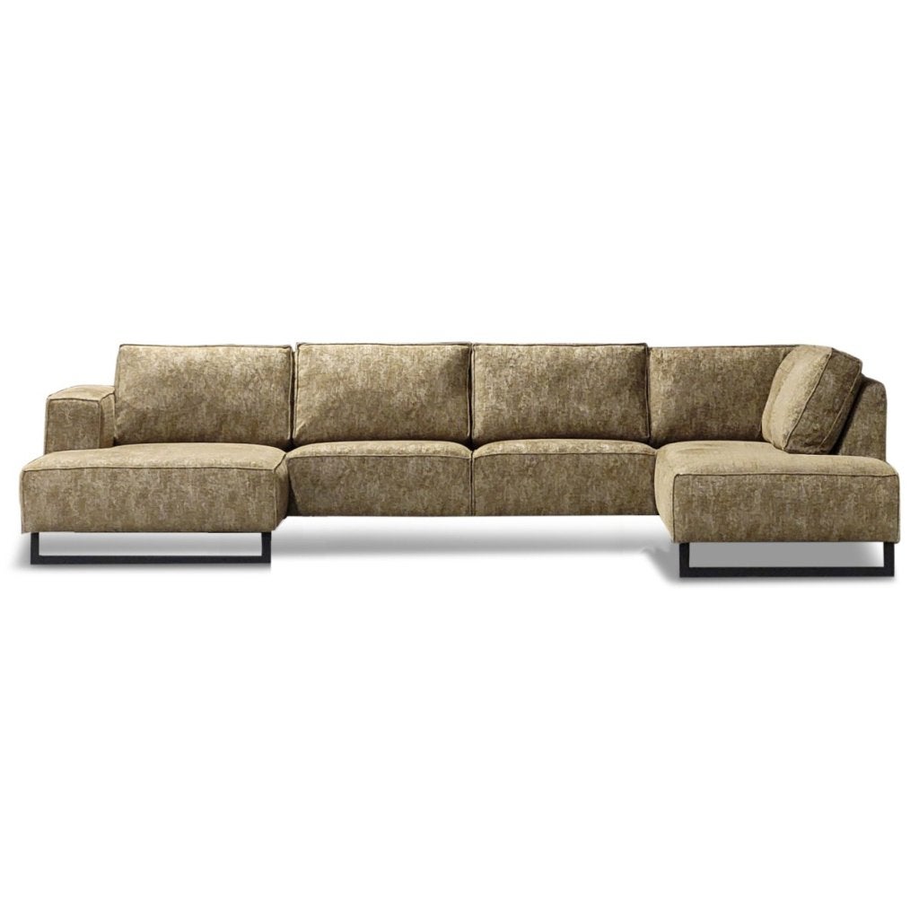 Grote mooie lounge hoekbank in Caramel kleur stof 355x225cm, Ophalen, Modern, minimalistisch, kleurrijk, Hoekbank, Vierpersoons of meer