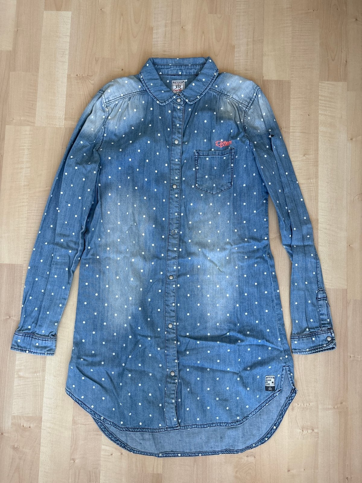 Retour Denim Jurk/Blouse met stippen en tekst maat 13/14, Ophalen of Verzenden, Gebruikt, Retour, Meisje