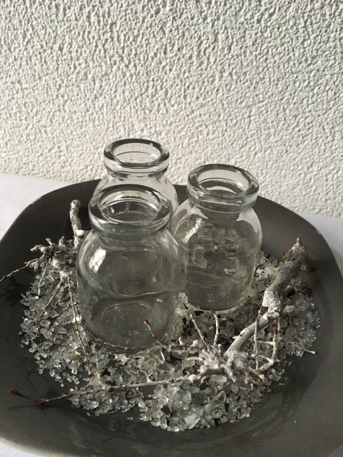 Porseleinen Schaaltje3 Bloemvaasjes siertakje glasglitters, Ophalen of Verzenden