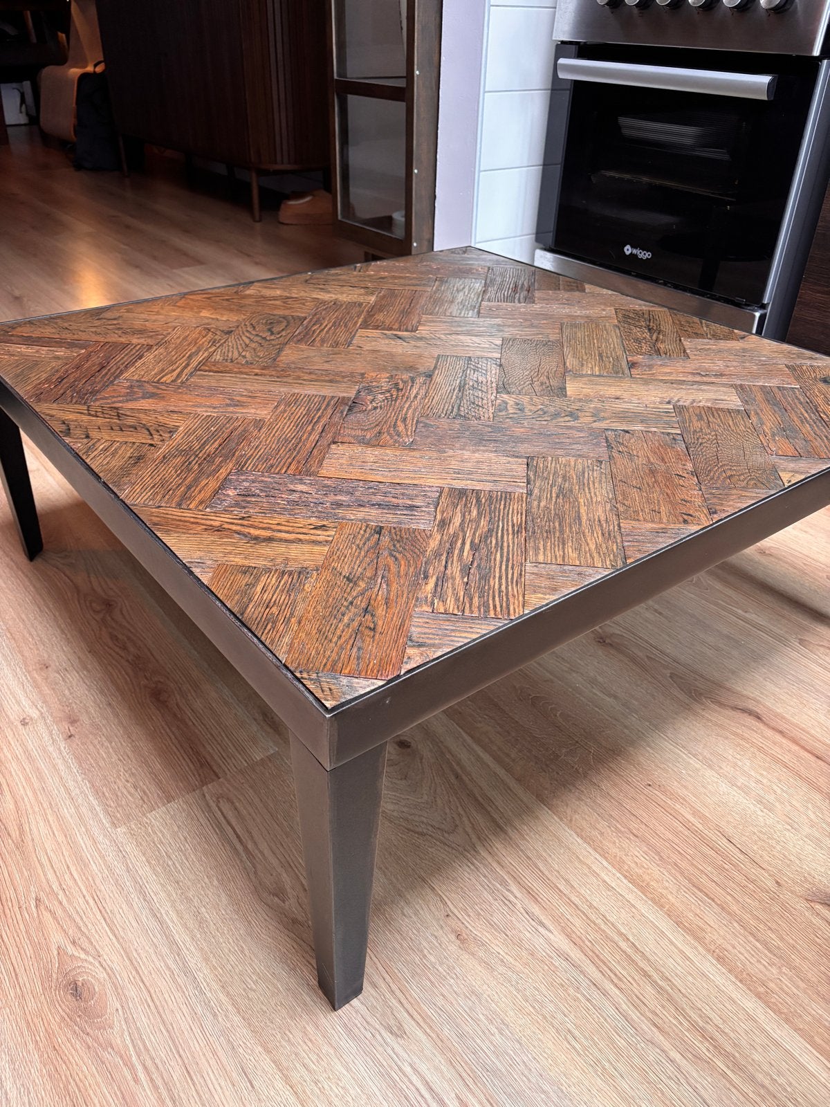 Salontafel visgraat motief oud eiken 90x90x35, Ophalen, Gebruikt, 100 tot 150 cm, 50 tot 100 cm