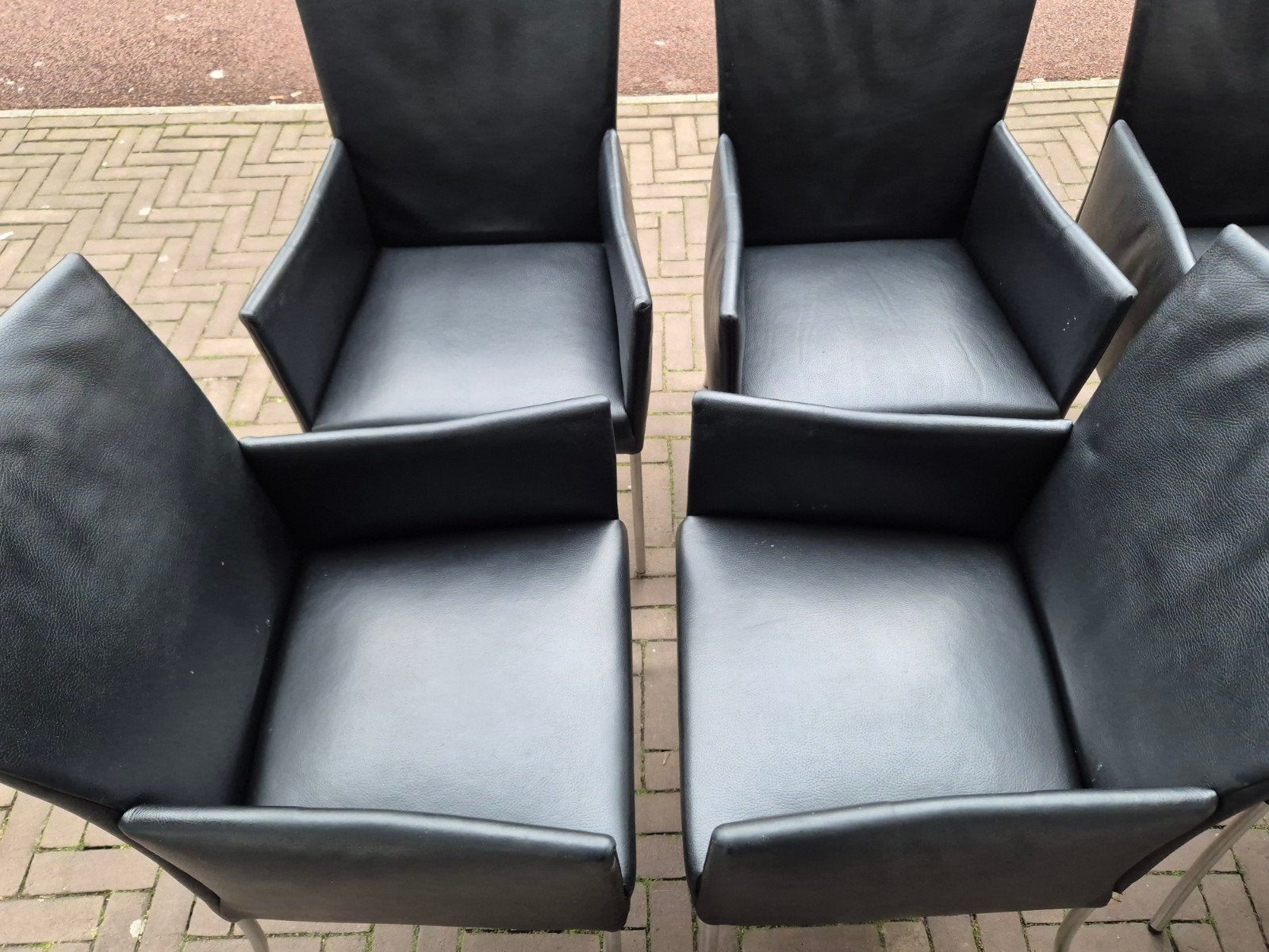 TEAB 4 Bert plantagie design eetkamerstoelen Arc zwart leer, Ophalen, Gebruikt, Zwart, Montel eijerkamp piet klercx stijl
