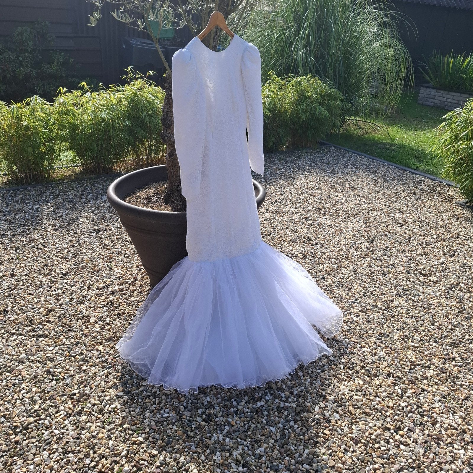 Elegante Witte Mermaid Trouwjurk met Kant en Tule, Ophalen of Verzenden, Zo goed als nieuw, Wit, Trouwjurk