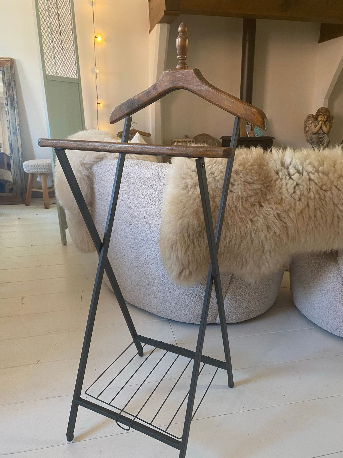 Vintage Kledingrek / Valet Stand - Hout en Metaal, Gebruikt, 100 tot 150 cm, Overige typen, Ophalen of Verzenden