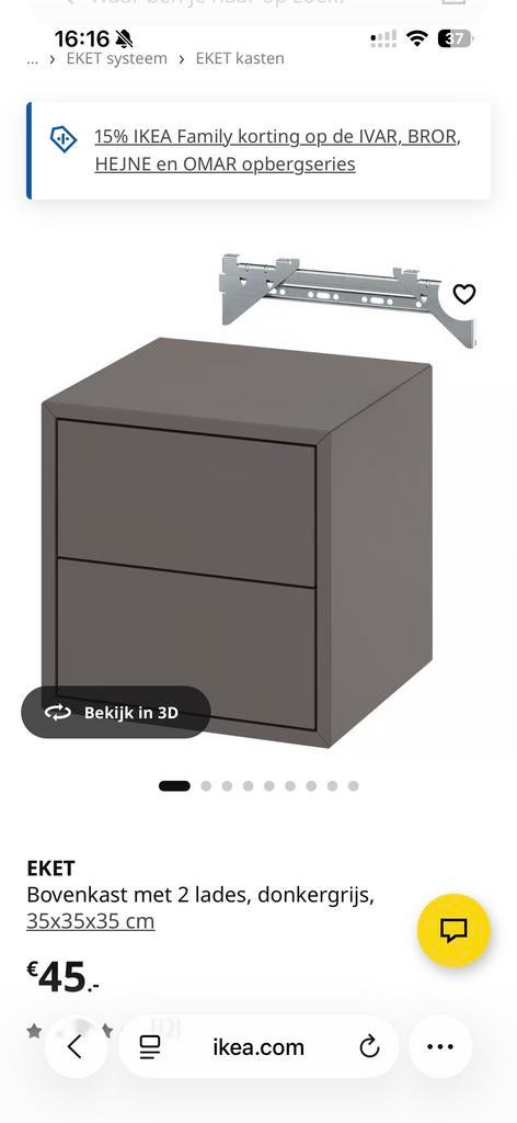 IKEA EKET bovenkast met 2 lades, donkergrijs, Ophalen, Minder dan 50 cm, 1 of 2 laden, Nieuw