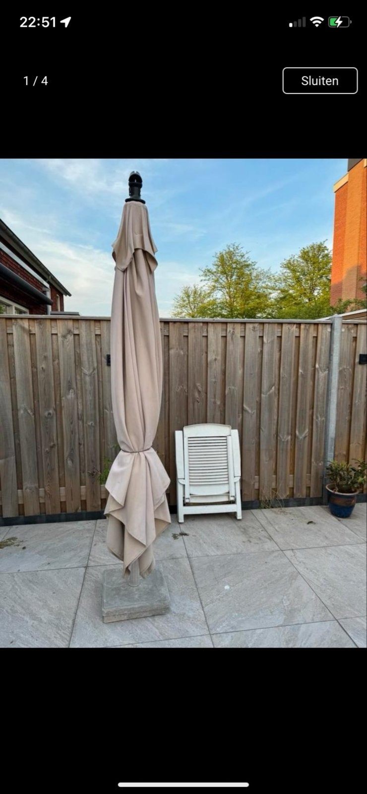 Grote parasol met stevige voet, Ophalen of Verzenden, Gebruikt, 2 tot 3 meter, Stokparasol