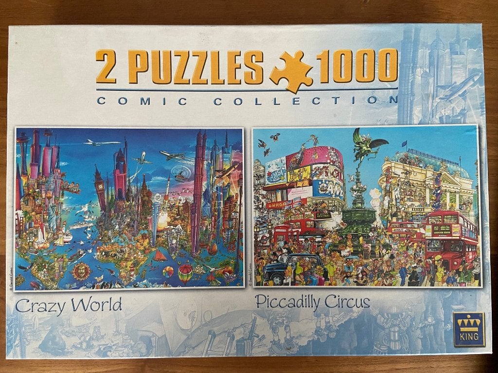 King legpuzzles 2 x 1000 Crazy World en Piccadilly Circus, Ophalen of Verzenden, Meer dan 1500 stukjes, Gebruikt, Legpuzzel