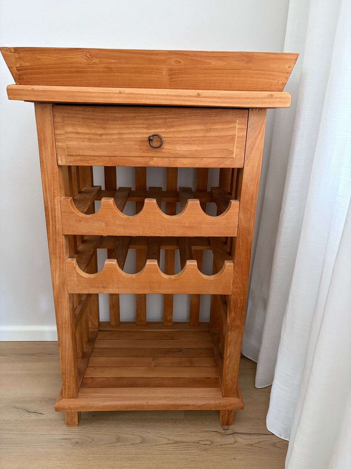 Houten Wijnrek met Lade en Afneembaar Dienblad, Ophalen, Gebruikt, 5 tot 15 flessen, 75 – 100