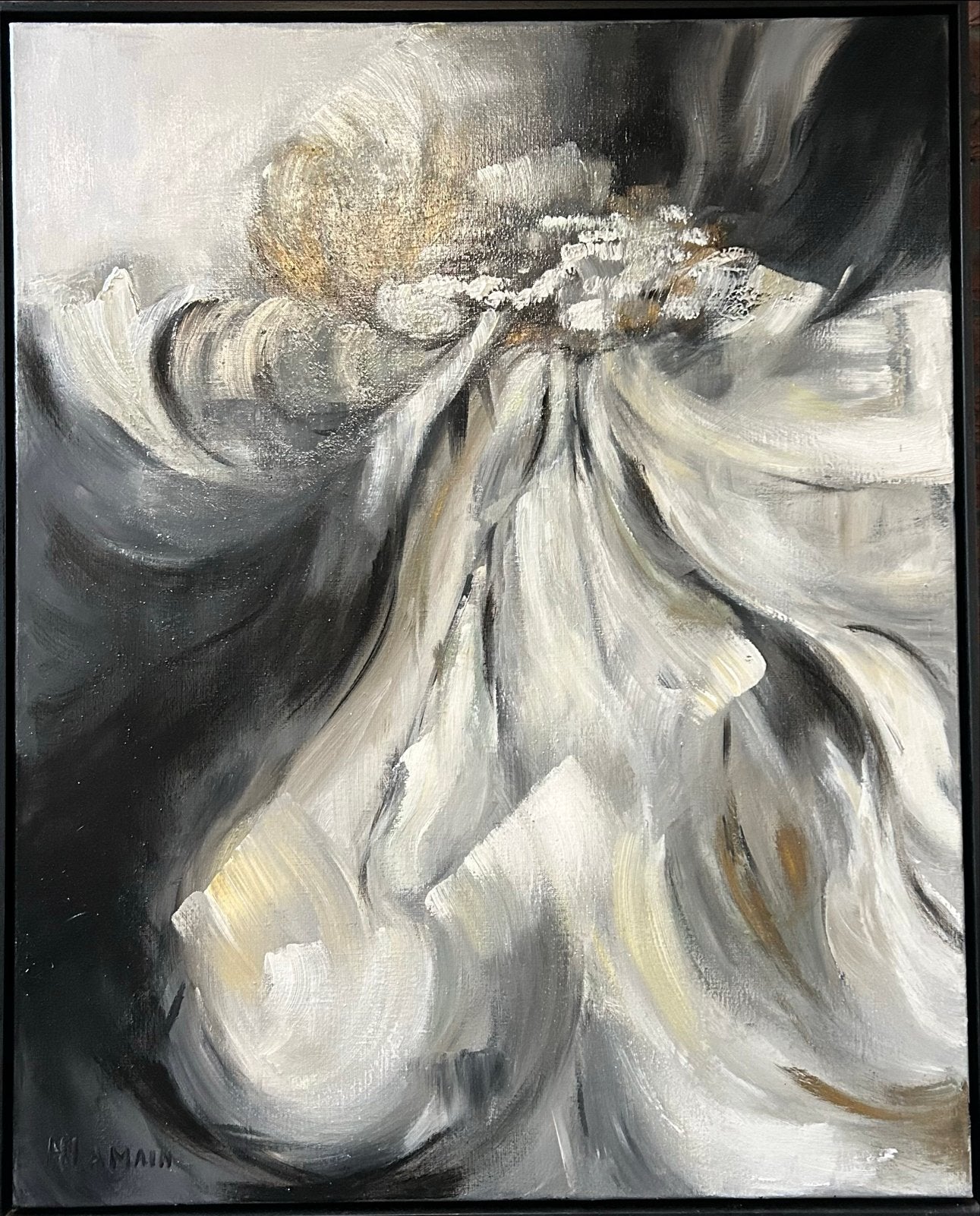 Abstract Zwart/Wit Schilderij op Linnen met Baklijst, Ophalen