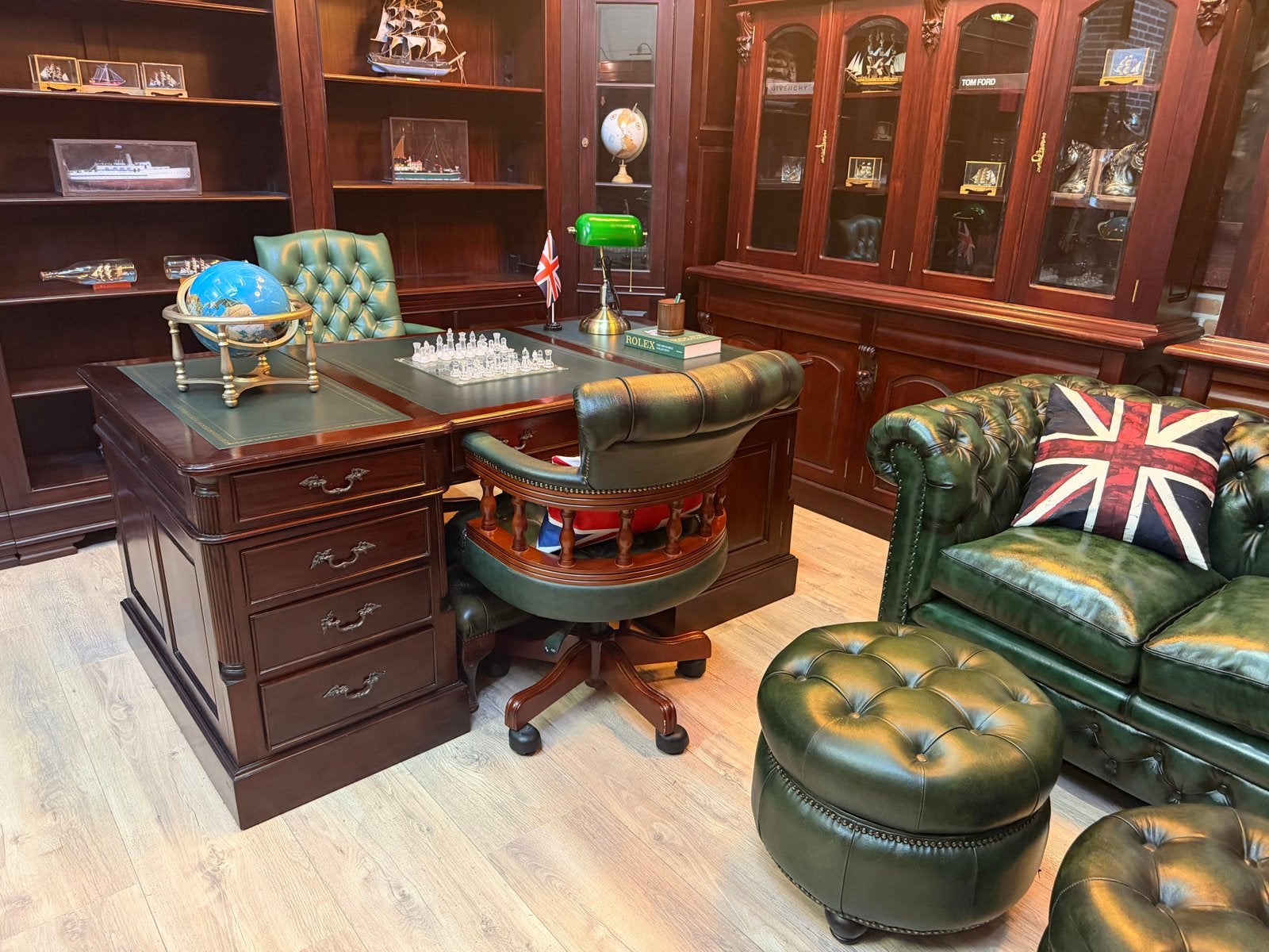 Origineel Chesterfield Engels Bureau Mahonie Groen Leer, Ophalen