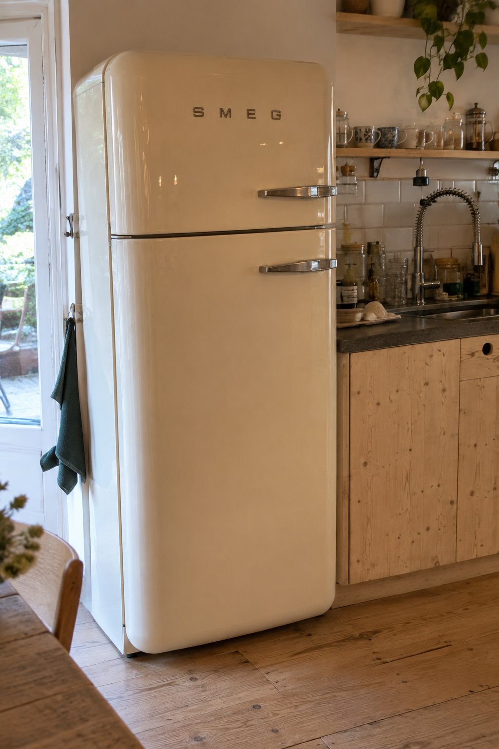 Smeg Retro Koelkast met Vriezer - Crème Kleur, Witgoed en Apparatuur, Ophalen, 150 tot 200 liter, Gebruikt, 60 cm of meer