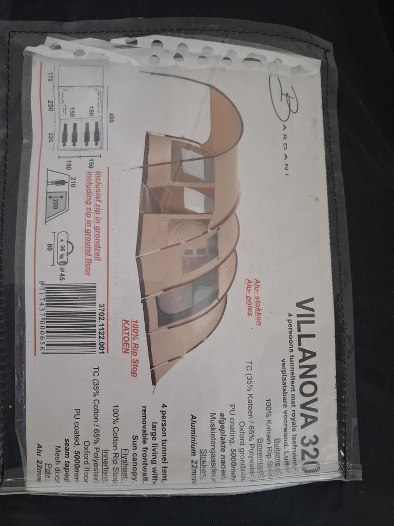 Bardani Villanova 320 - 4-persoons tunneltent, Caravans en Kamperen, Tenten, Ophalen of Verzenden, Gebruikt, Tot en met 4