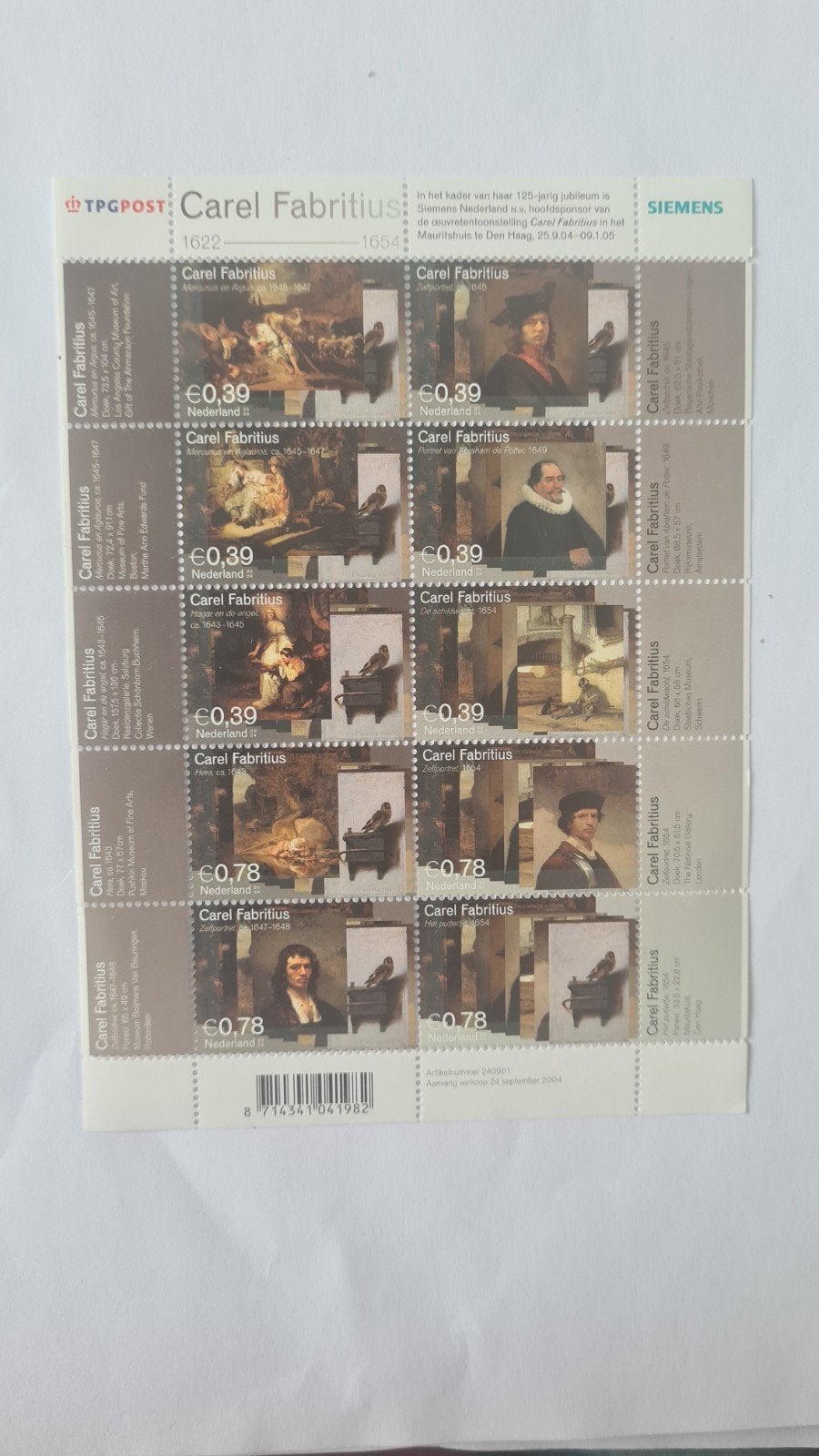 Nederland 2004 NVPH v 2285-94 Fabritius velletje, Ophalen of Verzenden, Na 1940, Postfris